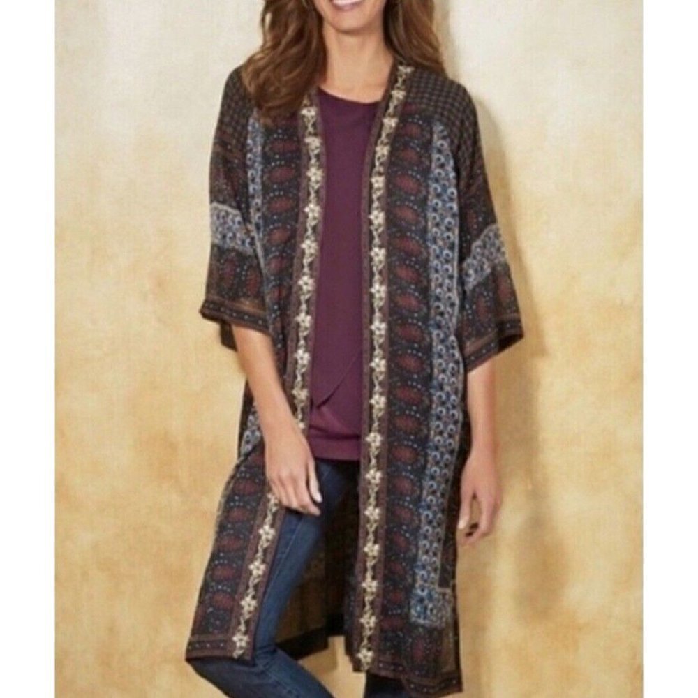 Soft Surroundings Women's Gold Embroidered Boho Open Kimono Blouse Duster Sz S/M